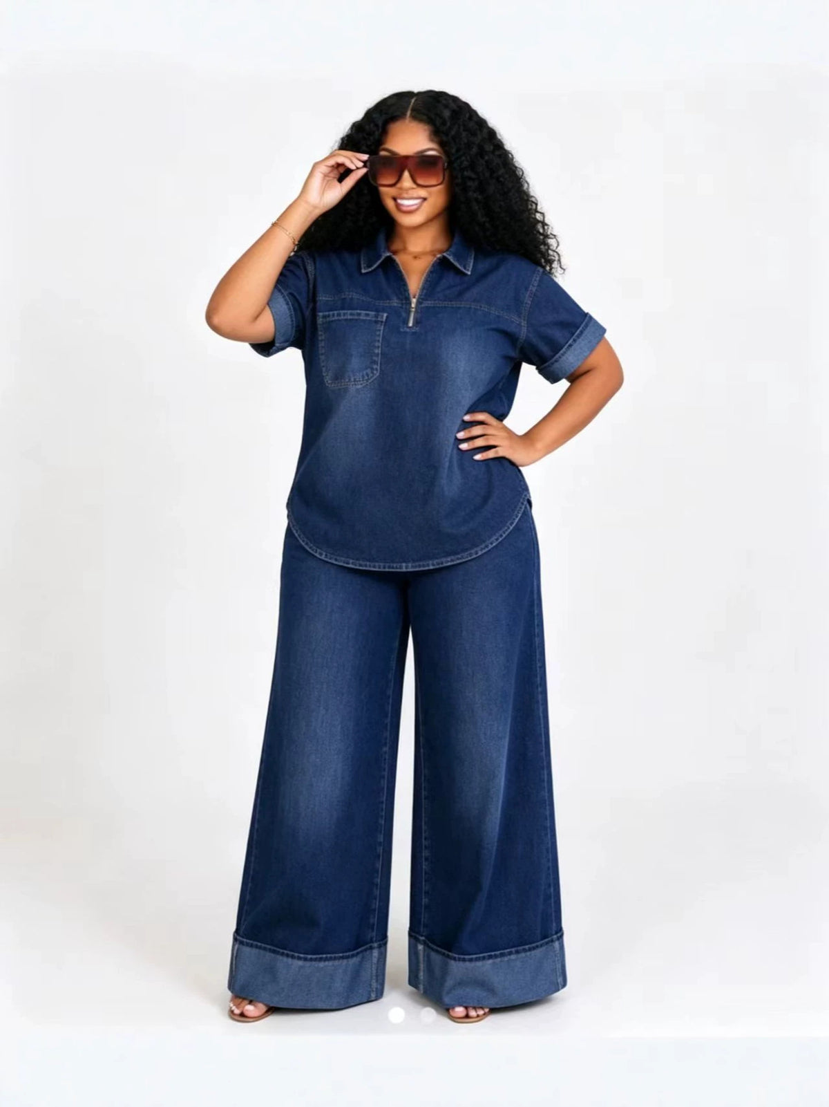 Plus Size Loose Fit Solid Color Denim Short Sleeve Polo Top and Wide Leg Pants Two Piece Set for Women