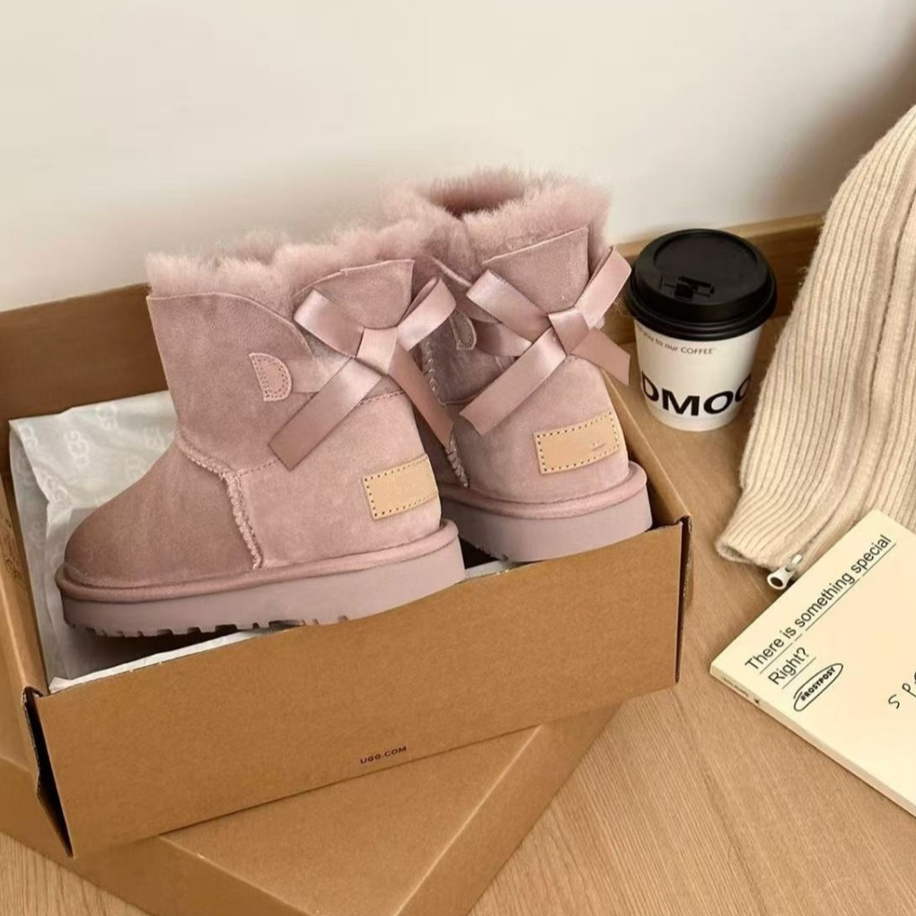 Classic Sheepskin Snow Boots with Ribbon Bow