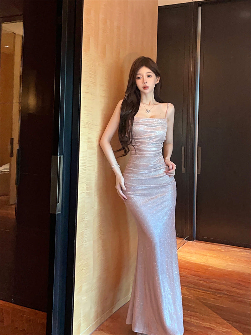 Women's Long Open Back Solid Color Sling Fishtail Dress