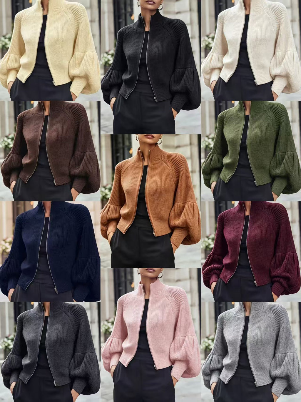 Women's Stand Collar Zip-Up Lantern Sleeve Textured Knit Sweater