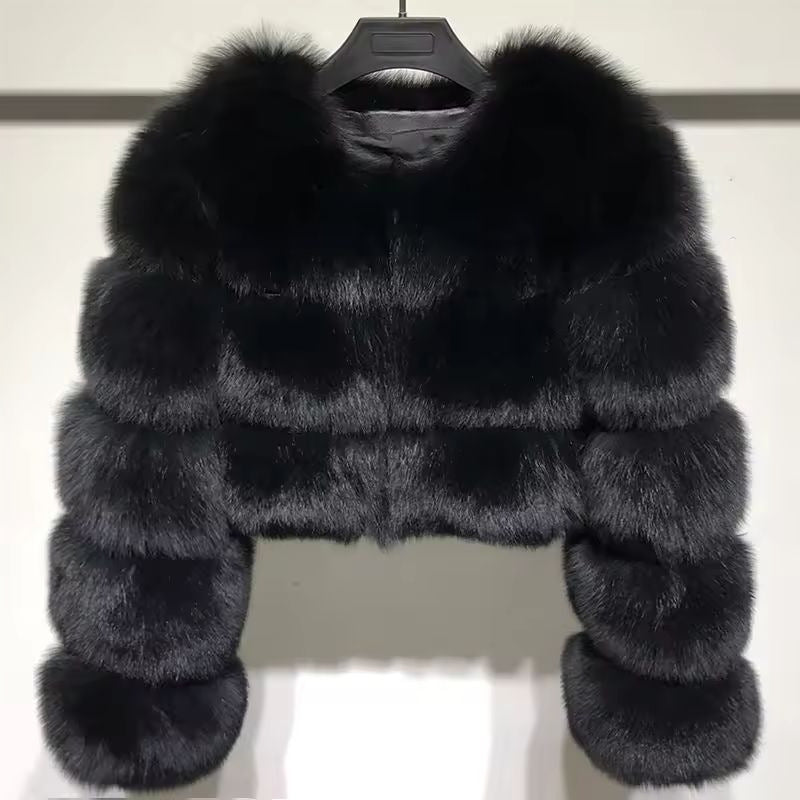 Womens Imitation Fur Jacket Short Warm V-Neck Faux Fur Coat