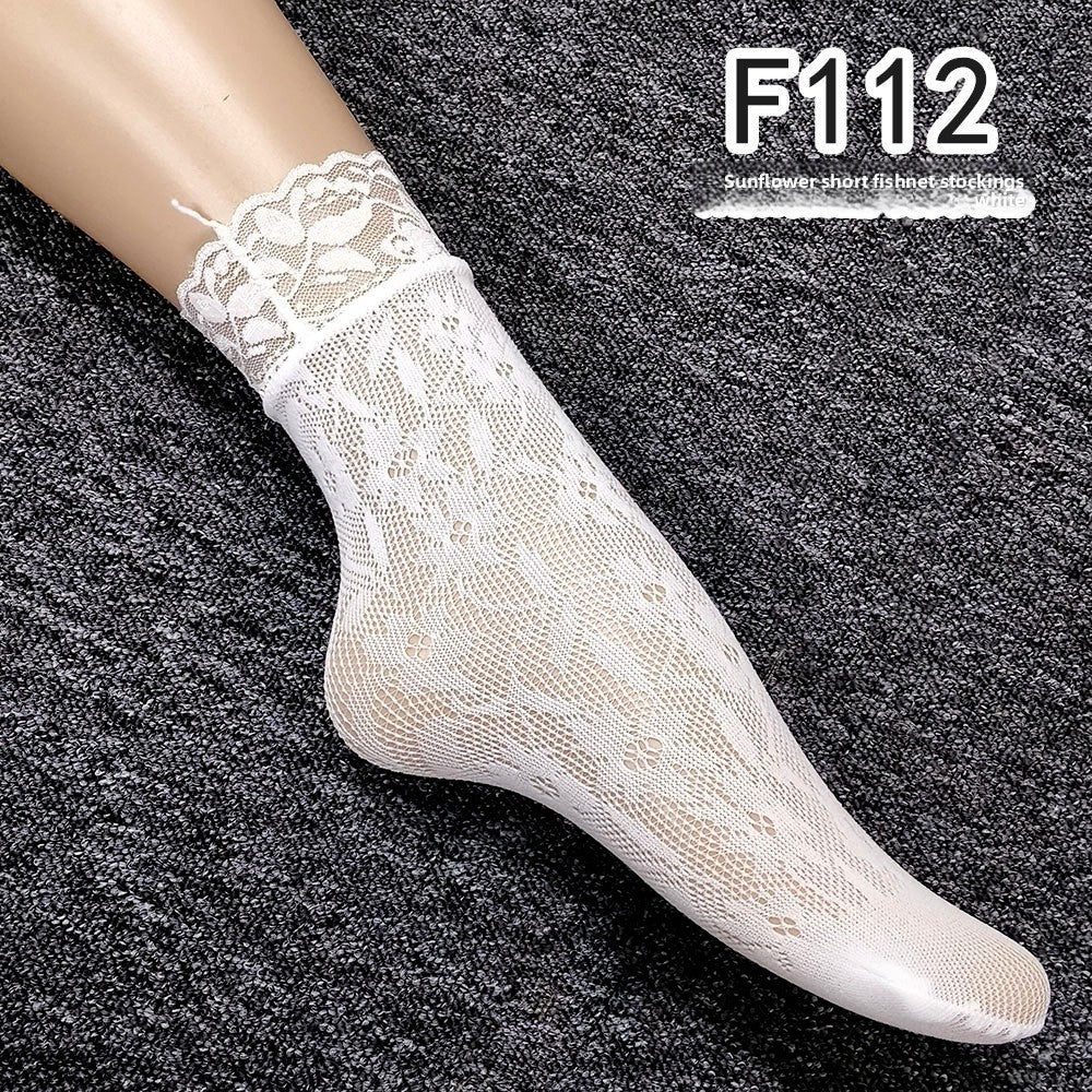 Women Hollow-Out Short Fishnet Socks Lace Trim Retro Style