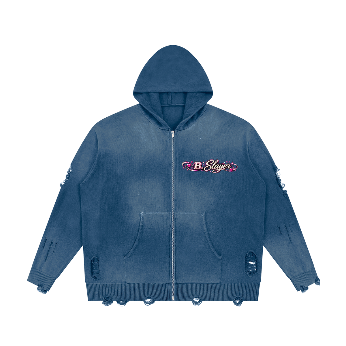 Beauty Slayer Unisex Distressed Full-Zip Knit Hoodie