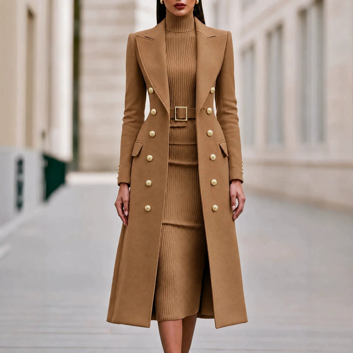 Women's Double-Breasted Woolen Coat and Knitted Dress Two-Piece Set