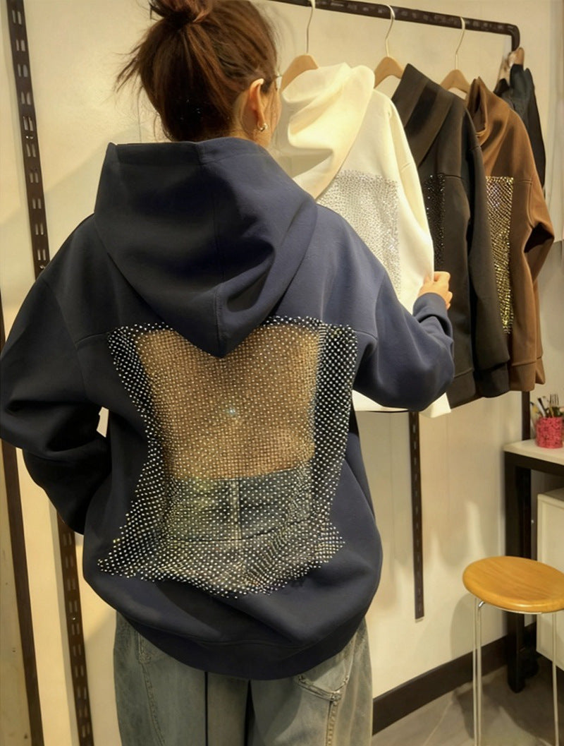 European style solid-color backless mesh-covered netted hooded pullover hoodie
