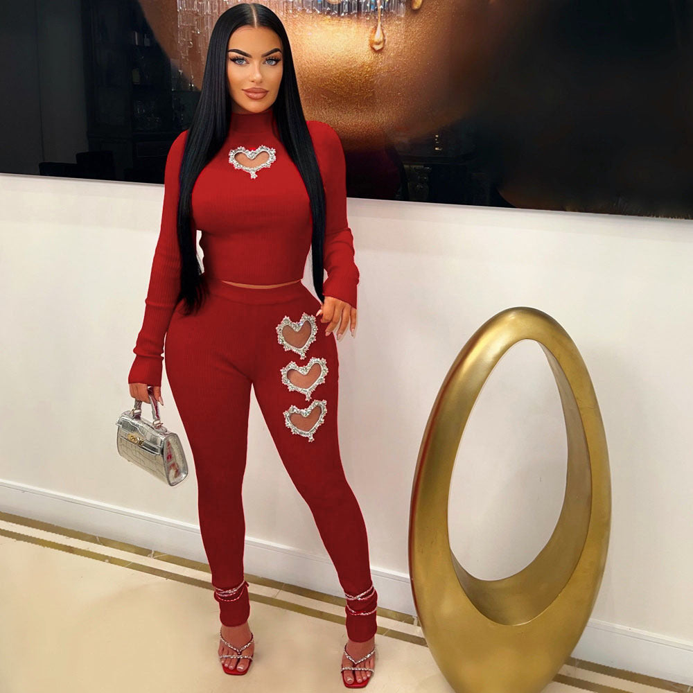 Women's Heart-Shaped Detail Solid Color Two-Piece Pants Suit