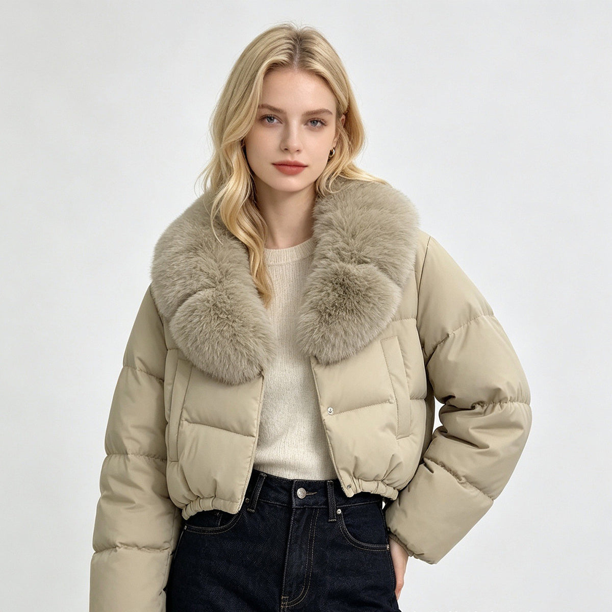Women's Short Down Cotton Coat with Removable Imitation Fur Collar