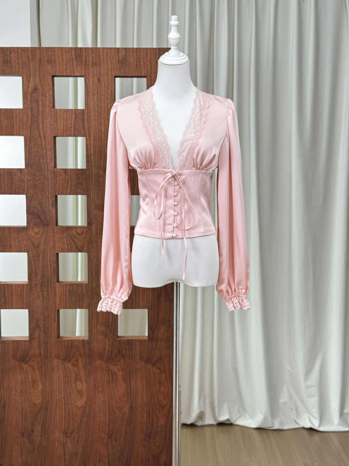 French Vintage Satin Lace Trim Blouse