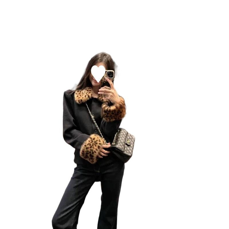 Women's Leopard Print Fur Collar Single-Breasted Thick Short Coat