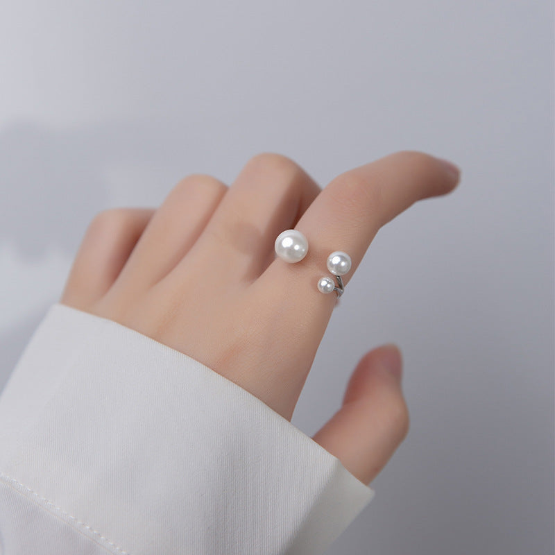 S925 Silver Adjustable Open Ring with Synthetic Pearl Bead for Women Fashion Jewelry