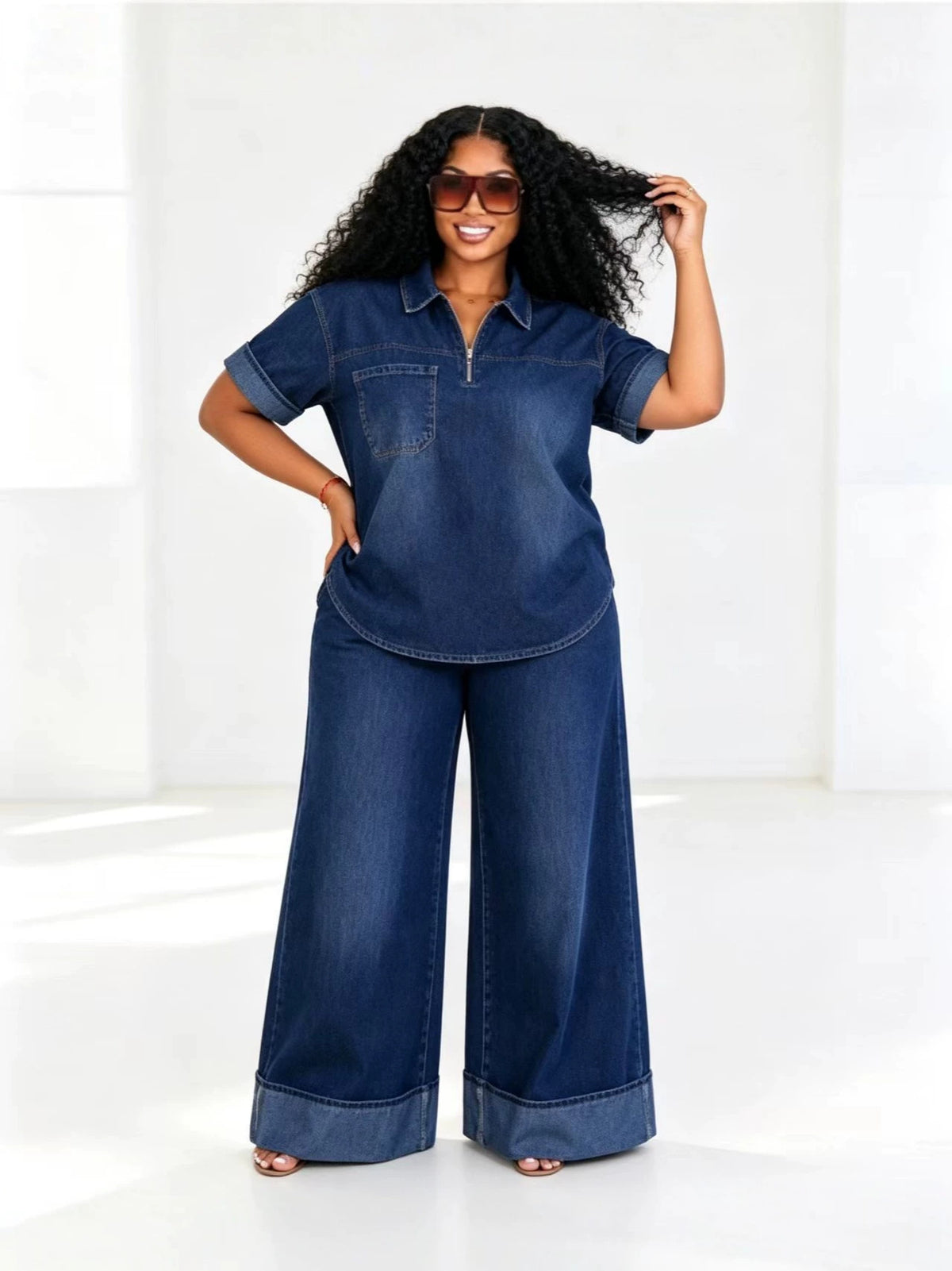 Plus Size Loose Fit Solid Color Denim Short Sleeve Polo Top and Wide Leg Pants Two Piece Set for Women