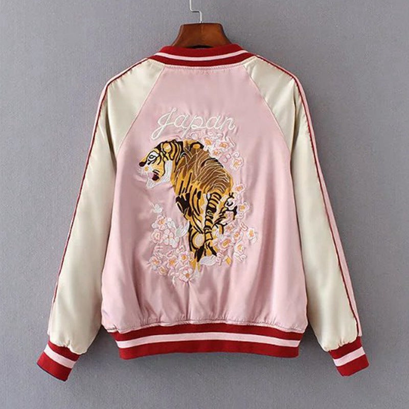 Women's Reversible Embroidered Tiger Fuji Baseball Jacket Loose Vintage