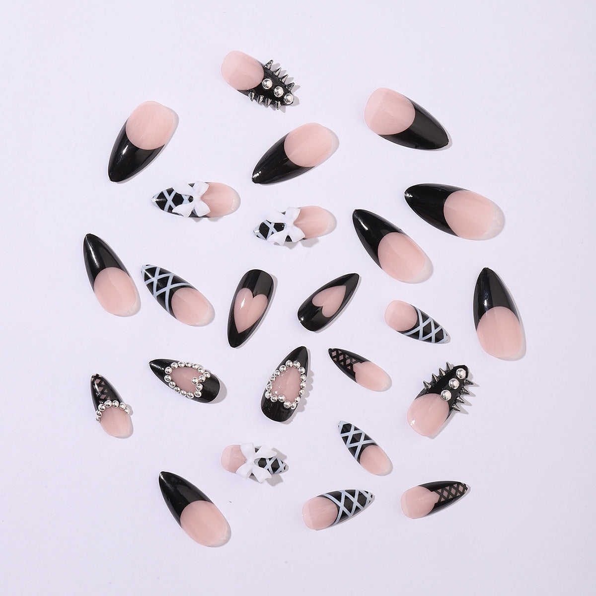 Almond-Shaped Press-On Nails with Heart Beads