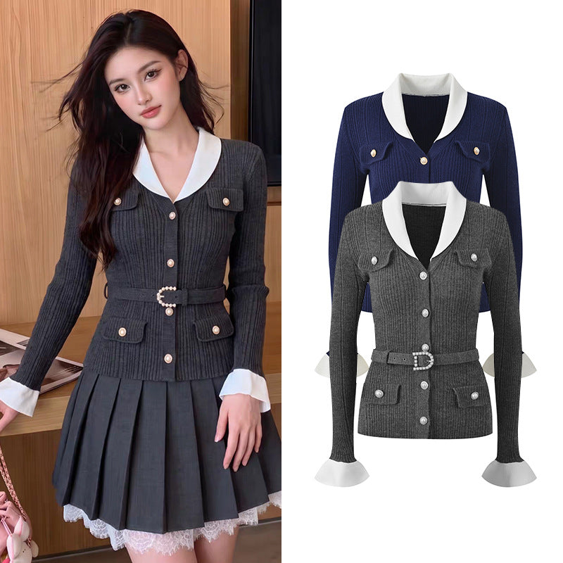 Women's V-Neck Jacquard Ribbed Knit Cardigan with Belt and Contrast Splicing