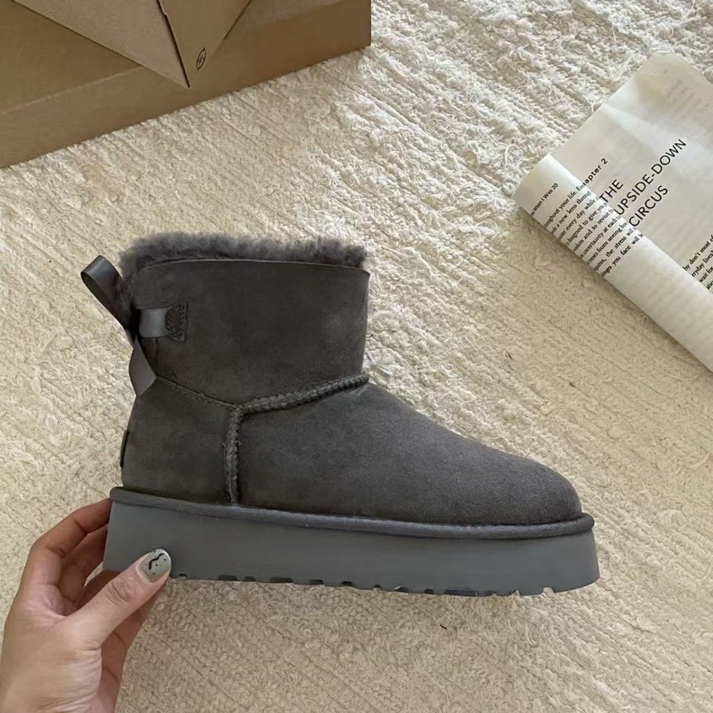 Classic Sheepskin Snow Boots with Ribbon Bow