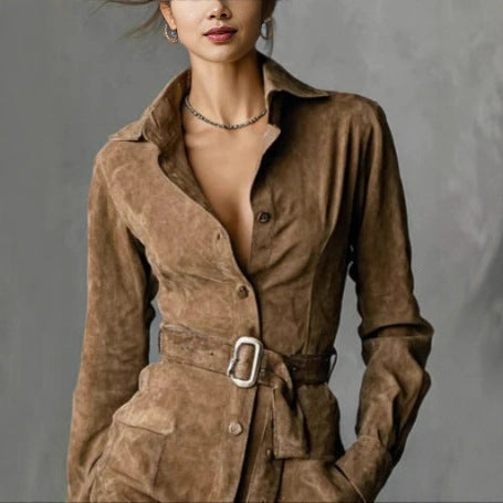 Women's Long Sleeve Lapel Single-Breasted Shirt Dress With Belt