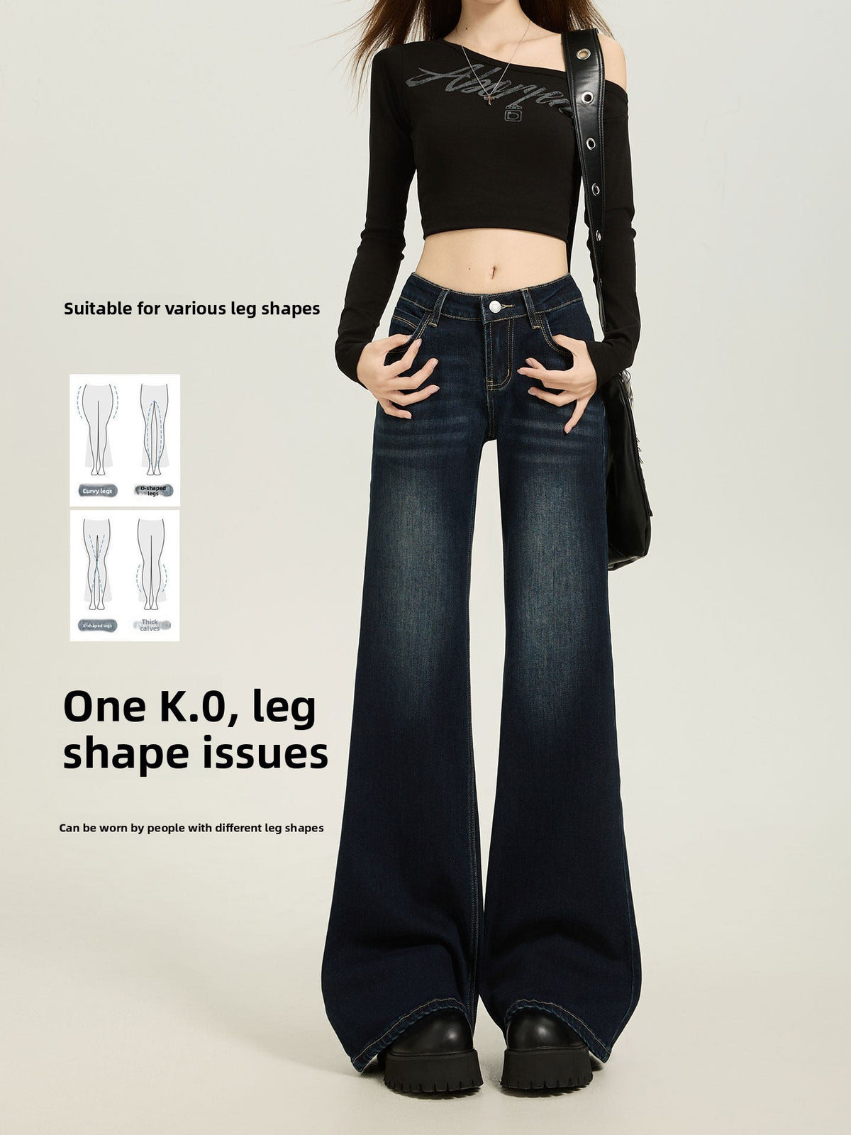 American Style Dark Blue Low Waist Flared Jeans for Women Slim Fit