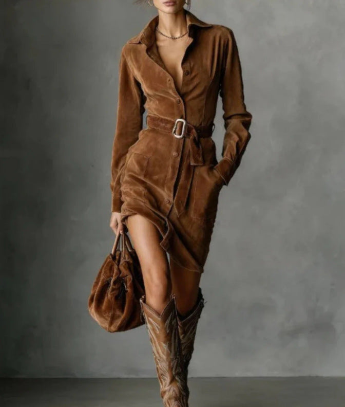 Women's Long Sleeve Lapel Single-Breasted Shirt Dress With Belt