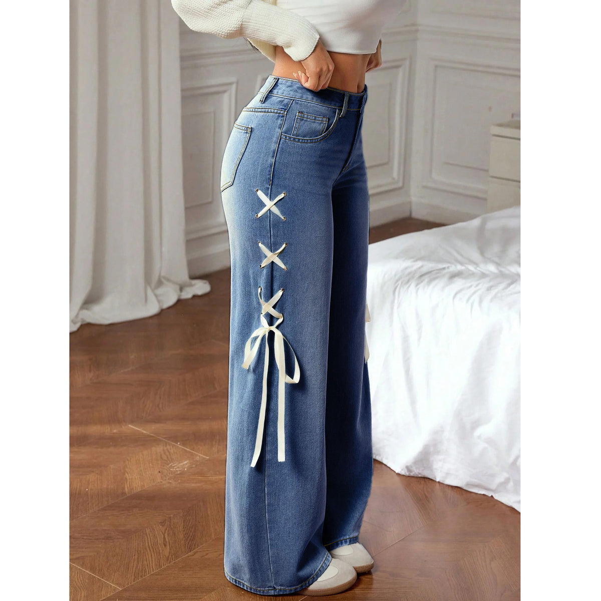 Womens Ribbon Accent Straight Leg Jeans