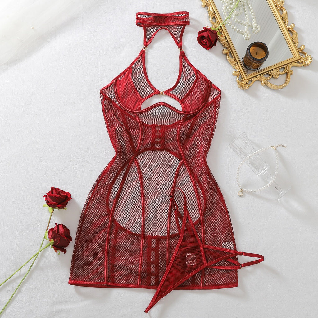 Sheer Fishnet Halter-Neck Body-Sculpting Sexy Cut-Out Bodysuit