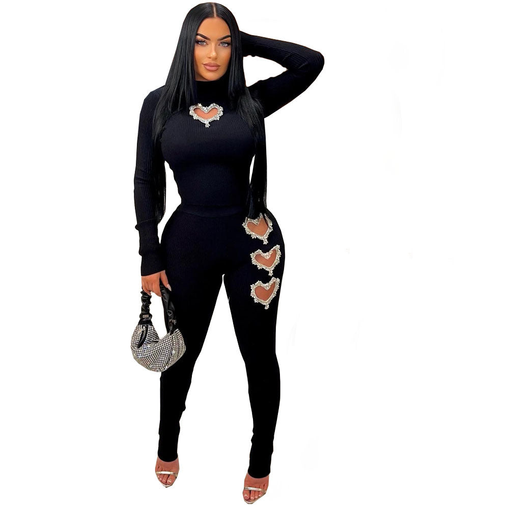 Women's Heart-Shaped Detail Solid Color Two-Piece Pants Suit