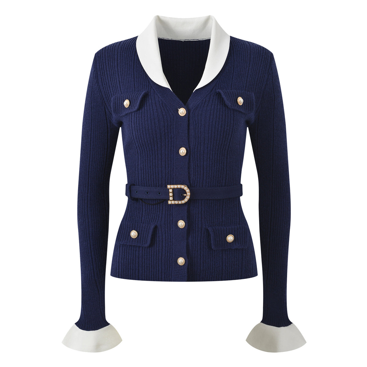 Women's V-Neck Jacquard Ribbed Knit Cardigan with Belt and Contrast Splicing
