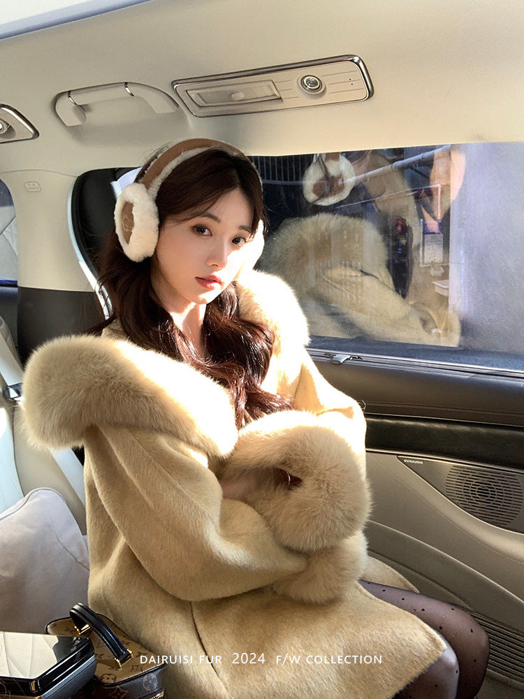 Women's Wool Blend Coat with Detachable Fox Fur