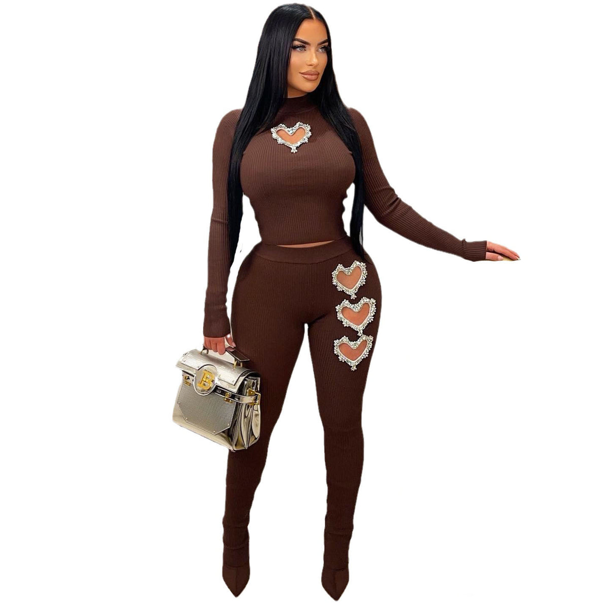 Women's Heart-Shaped Detail Solid Color Two-Piece Pants Suit
