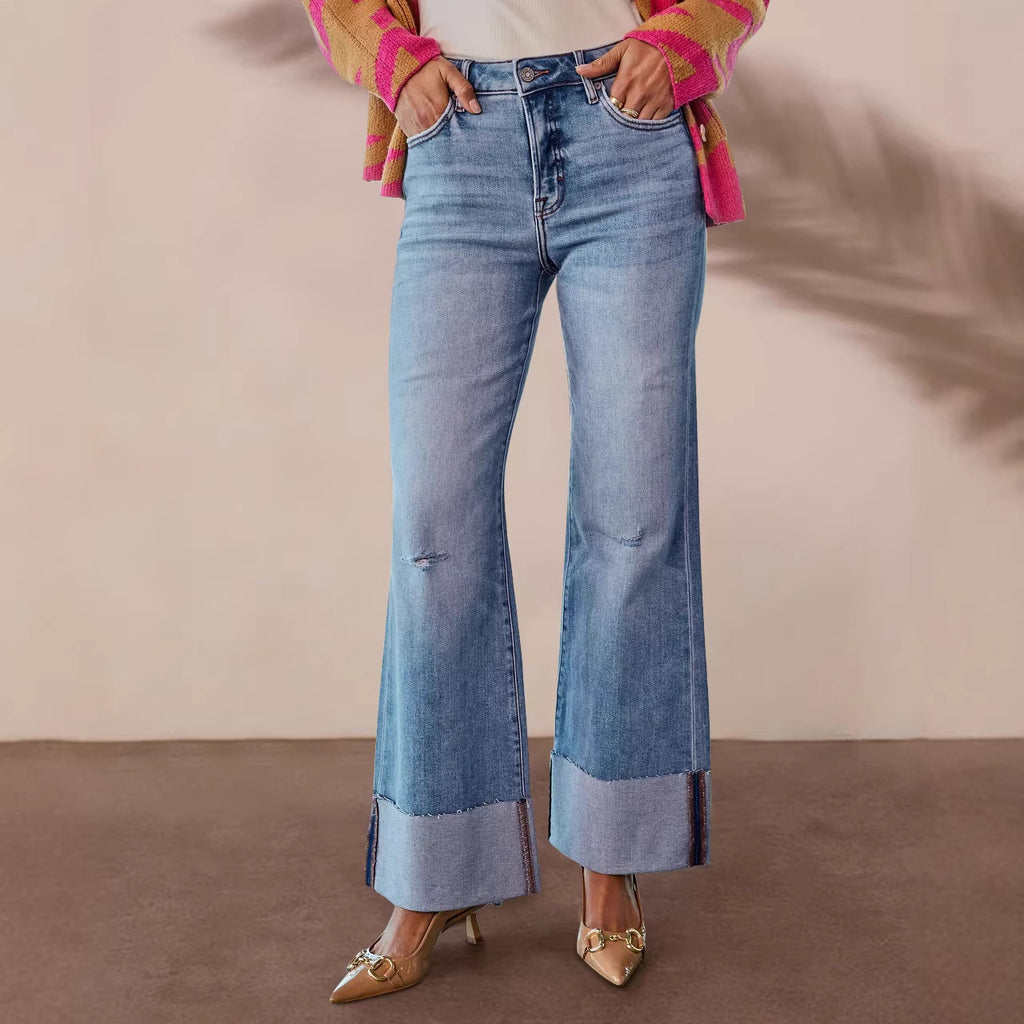 Women's High-Waisted Wide-Leg Washed Denim Jeans with Ripped Details