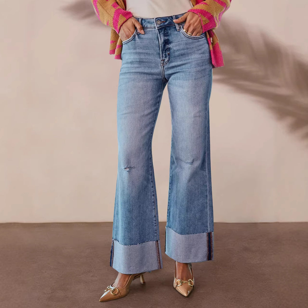 Women's High-Waisted Wide-Leg Washed Denim Jeans with Ripped Details