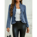 Women's Ruffled Denim Jacket Lace Collar Slim Fit Open Front Long Sleeve