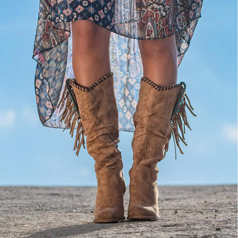 Women's high-heeled matte high-tassel boots