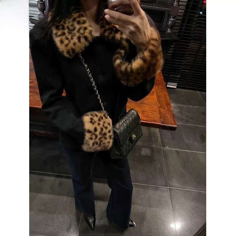 Women's Leopard Print Fur Collar Single-Breasted Thick Short Coat