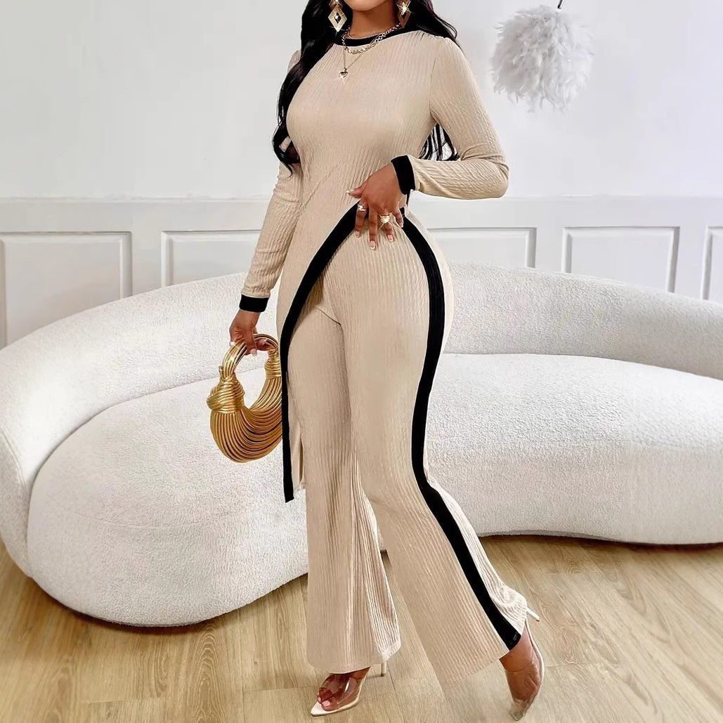 Fashionable Color-Contrast Slit T-Shirt