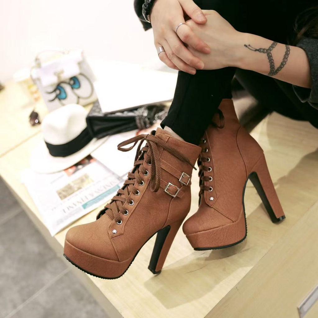 Women's Cross-Tie Martin Boots High Heel Platform Round Toe Ankle Boots