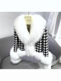 Womens Houndstooth Fur Collar Coat