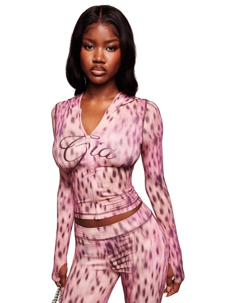 Leopard-print zipper long sleeves
