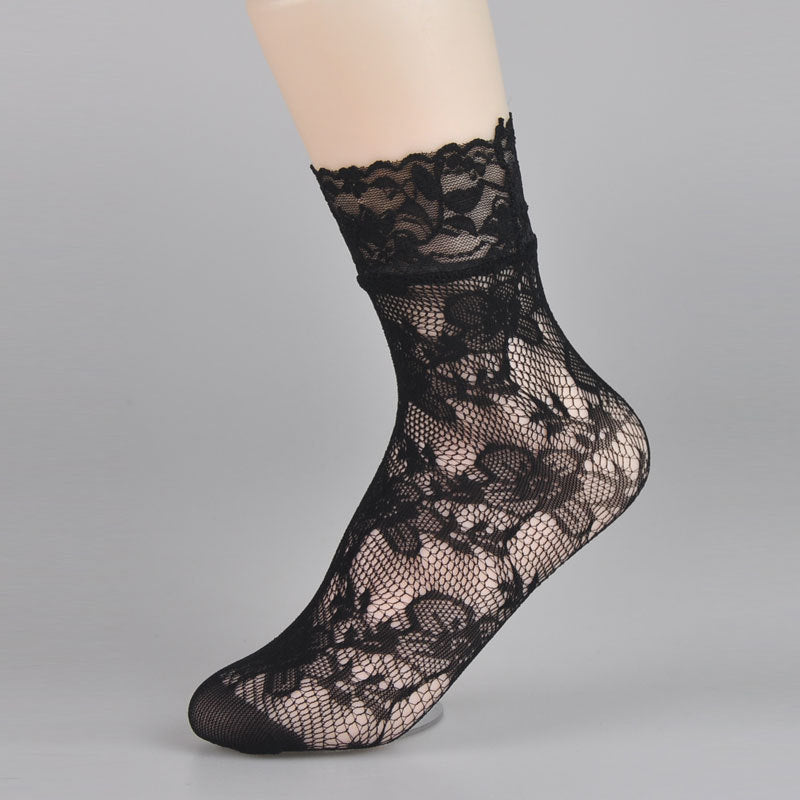 Women Hollow-Out Short Fishnet Socks Lace Trim Retro Style