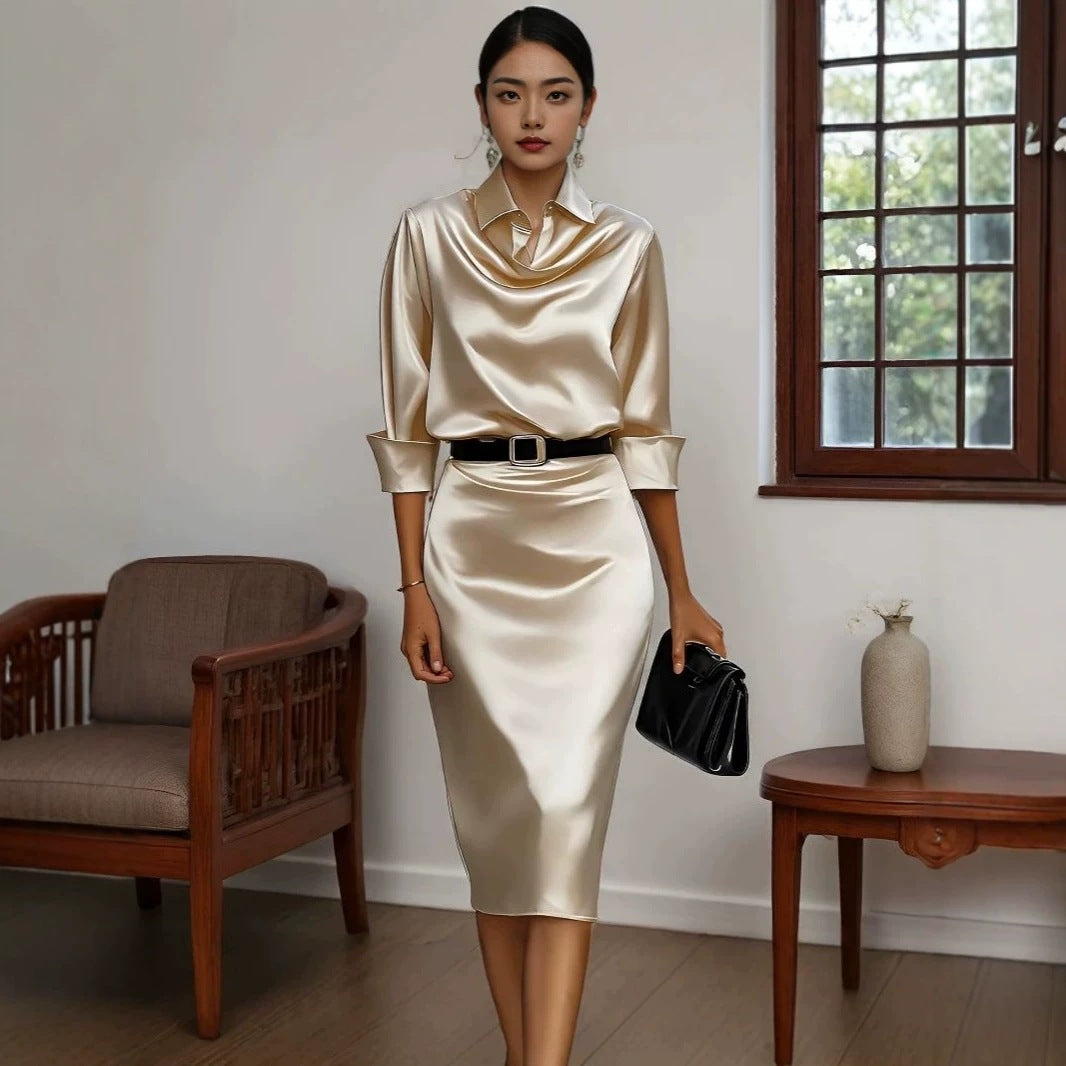 Women's Acetate Satin Long Sleeve Dress Slim Fit Shirt Collar Elegant Midi Dress