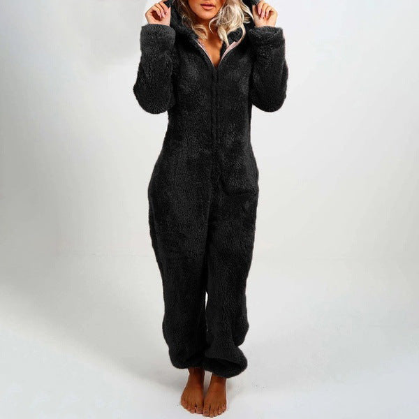Thickened Furry Jumpsuit with Hood and Cat Ears Pajamas