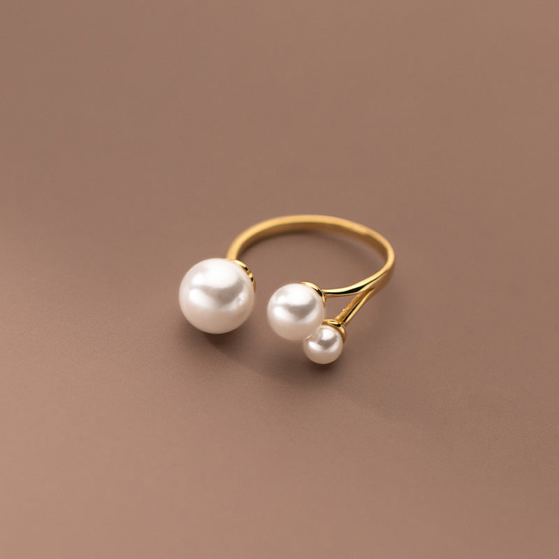 S925 Silver Adjustable Open Ring with Synthetic Pearl Bead for Women Fashion Jewelry