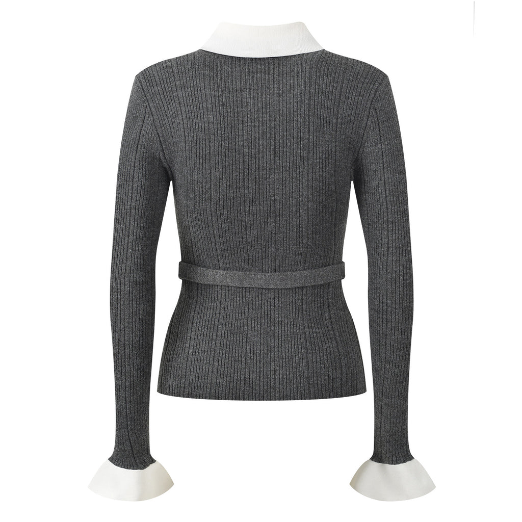 Women's V-Neck Jacquard Ribbed Knit Cardigan with Belt and Contrast Splicing