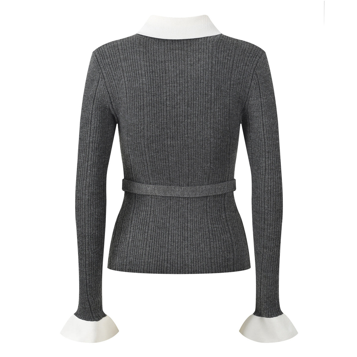 Women's V-Neck Jacquard Ribbed Knit Cardigan with Belt and Contrast Splicing