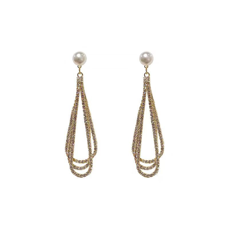 Silver Elegant Trendy Diamond Pearl Tassel Earrings Women's European and American French Fashion Drop-shaped Long Earrings Ear Jewelry