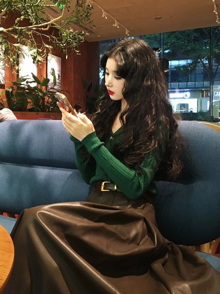 Elegant Two-Piece Knit Sweater and Faux Leather Skirt Set for Autumn