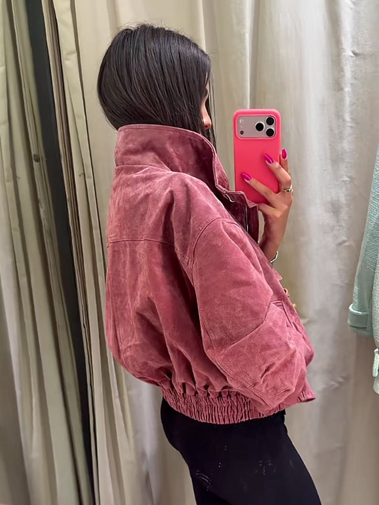 Womens Stand Collar Faux Leather Jacket