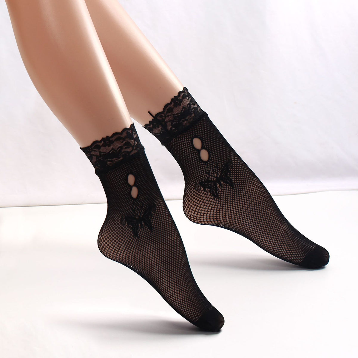 Women Hollow-Out Short Fishnet Socks Lace Trim Retro Style