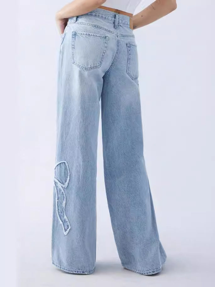 Embroidered Side Fringe High Waist Jeans