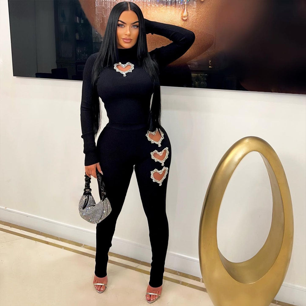 Women's Heart-Shaped Detail Solid Color Two-Piece Pants Suit