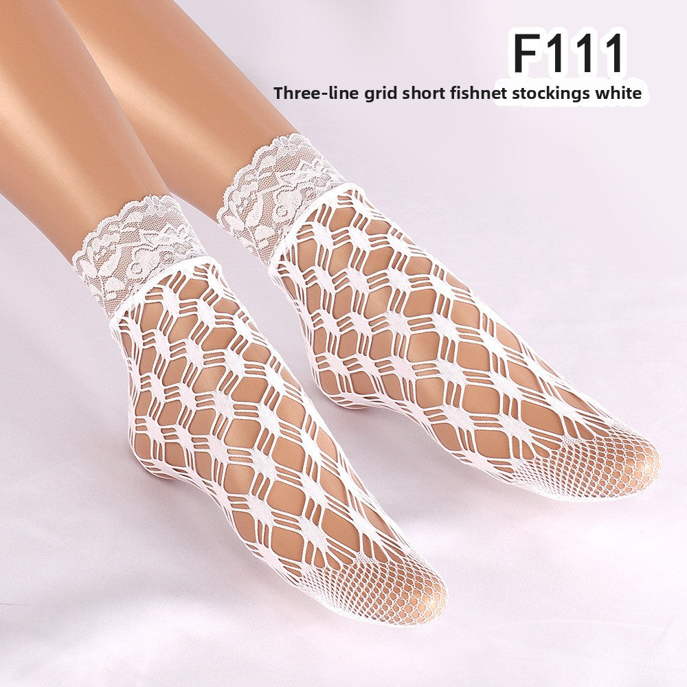 Women Hollow-Out Short Fishnet Socks Lace Trim Retro Style